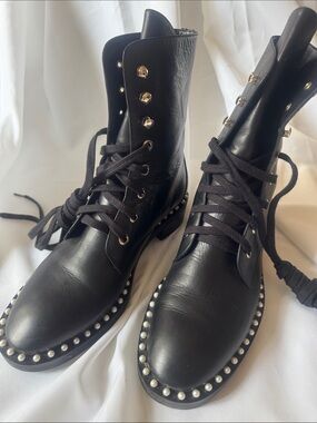 Stuart Weitzman Black Leather Combat Boots with Pearl Studs
